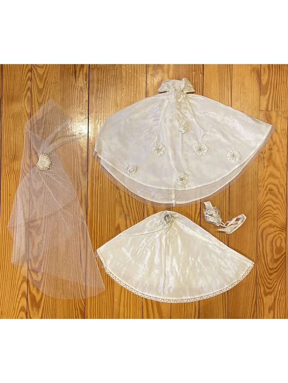 VTG 1960s Barbie Handmade Wedding Dress Faux Pearls, Veil, Slip,